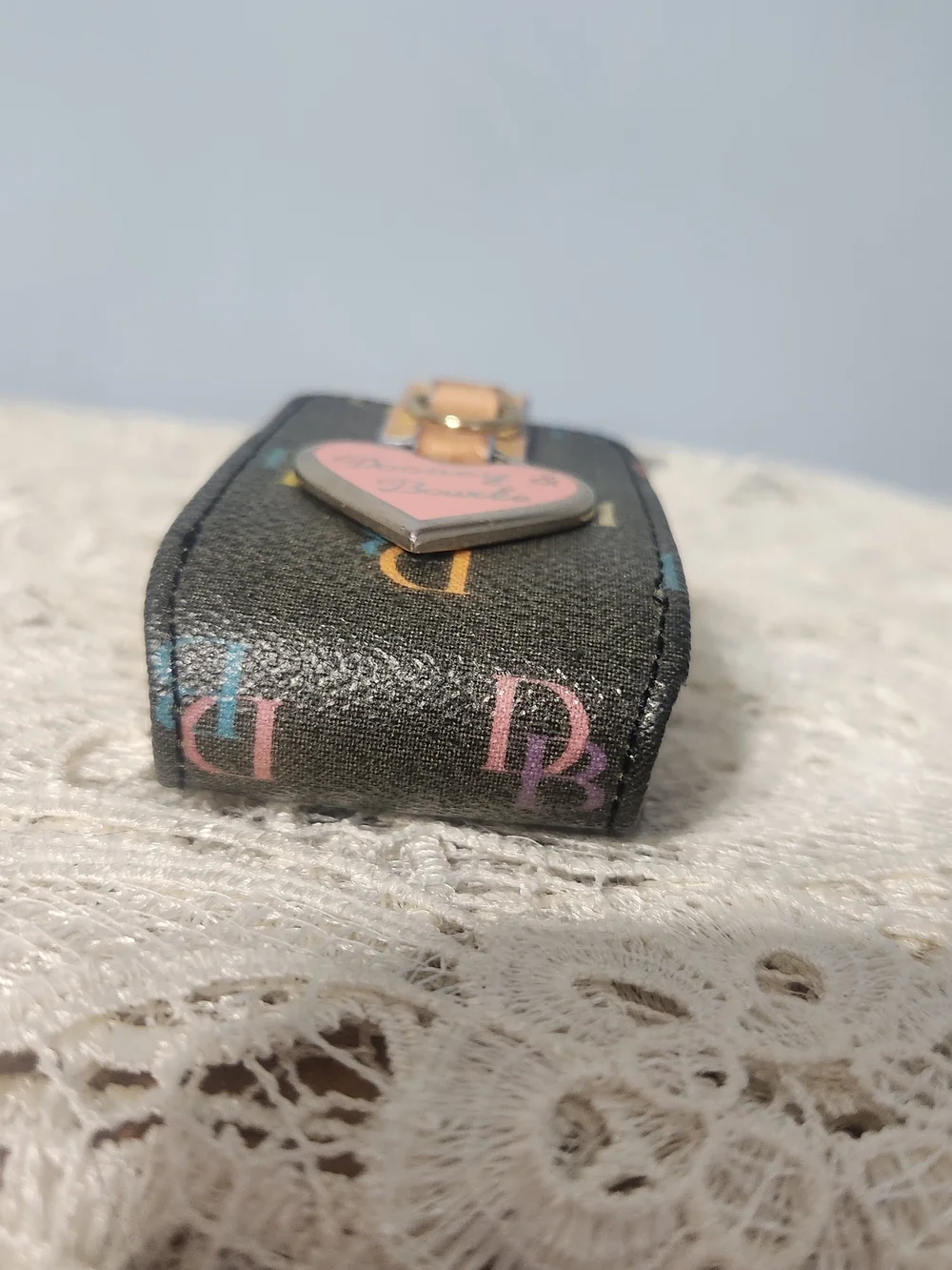 Y2K Dooney & Bourke Heart Charm Tag Hand Sanitizer Holder. Black Tan. Monogram